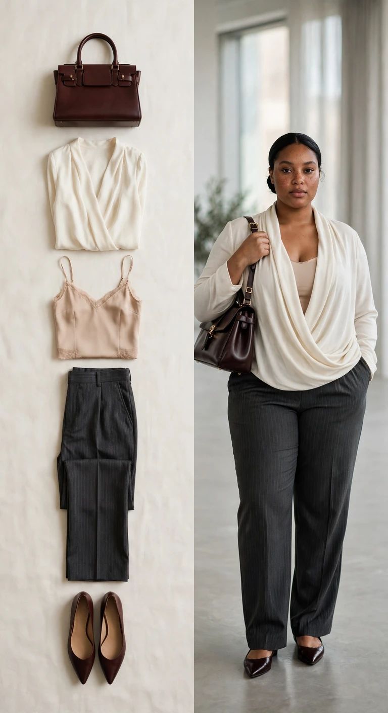 pinstripe trousers and ivory blouse for client lunches