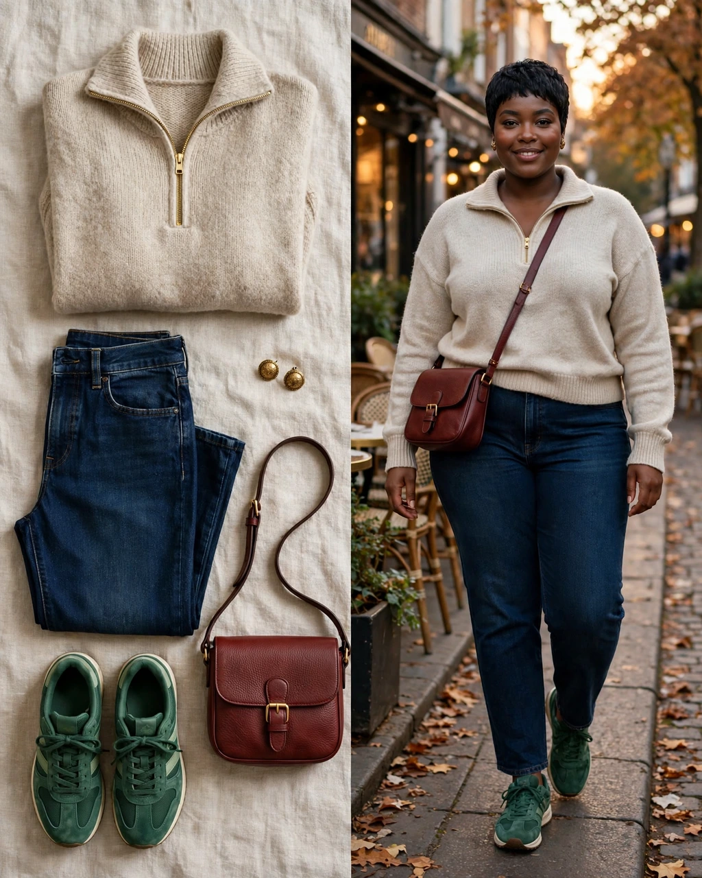 oatmeal half-zip with dark indigo jeans