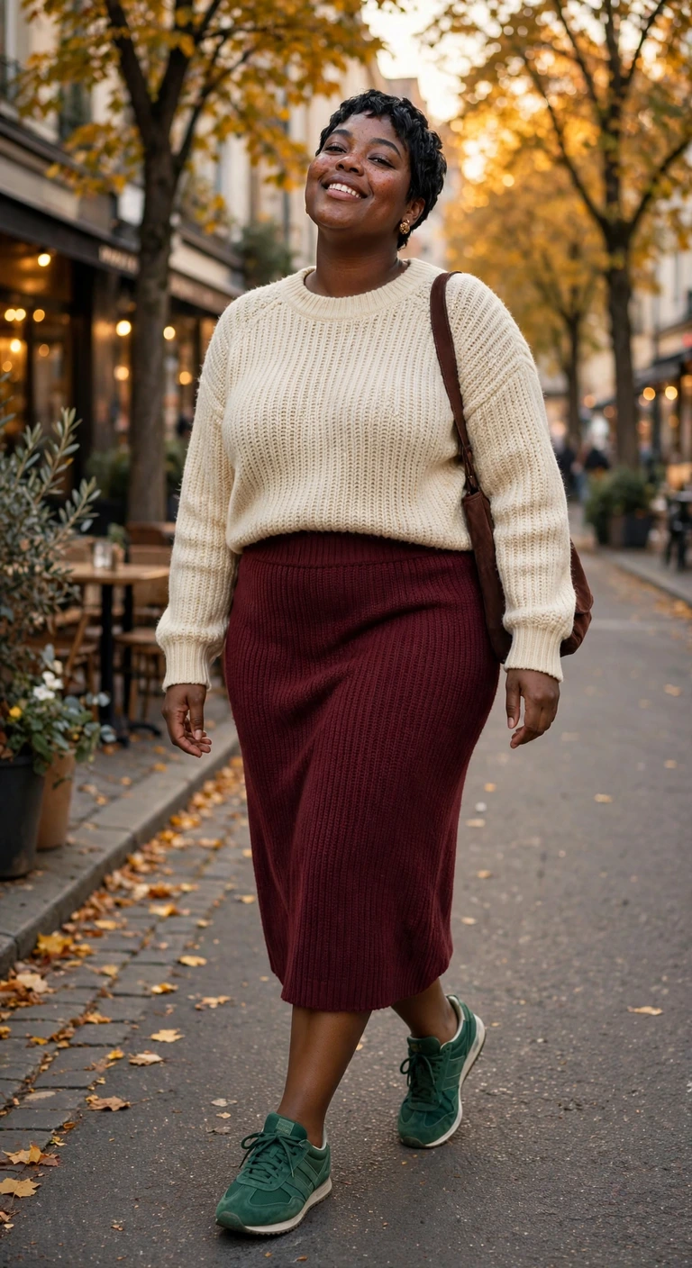 burgundy knit midi skirt with a cream sweater