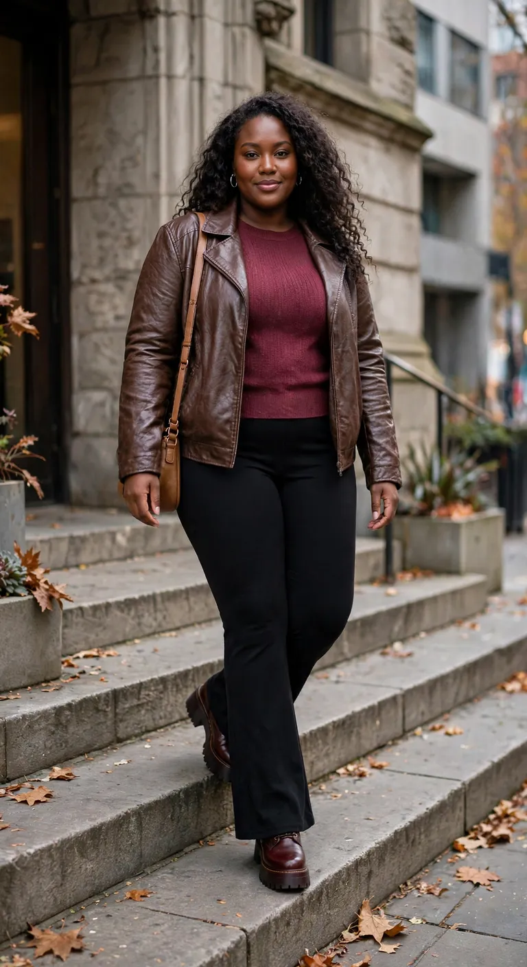 easy chocolate jacket over a berry knit top
