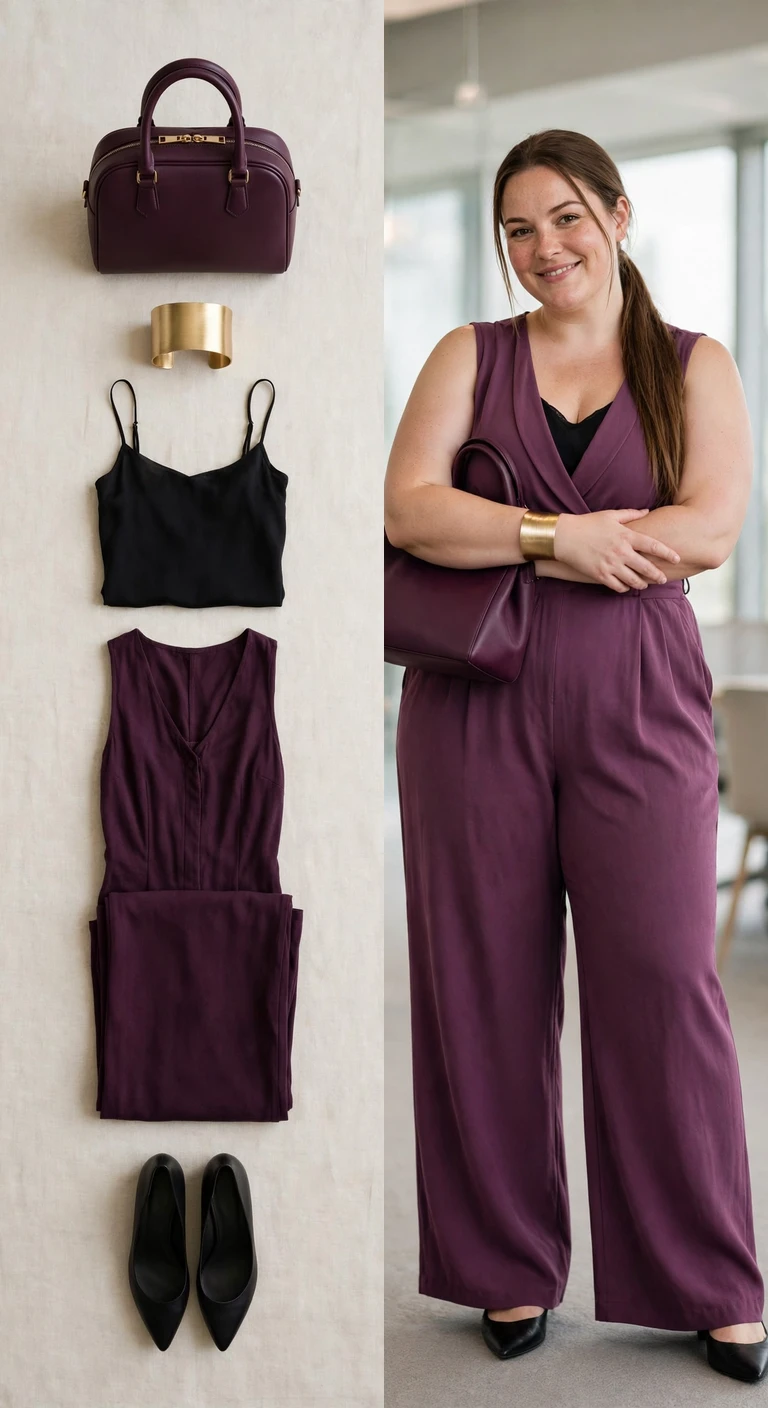 plum wide-leg jumpsuit, pointed flats and top-handle bag