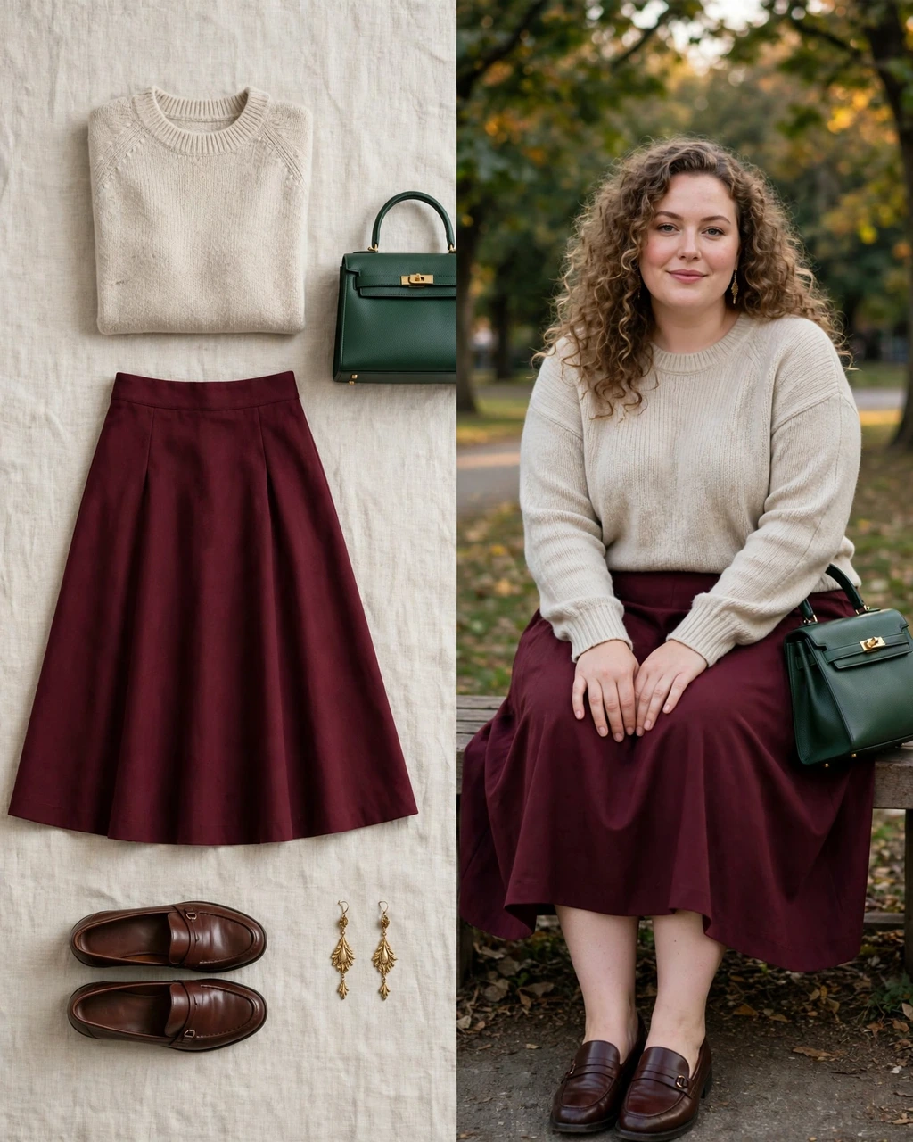 oatmeal sweater with a burgundy a-line midi skirt