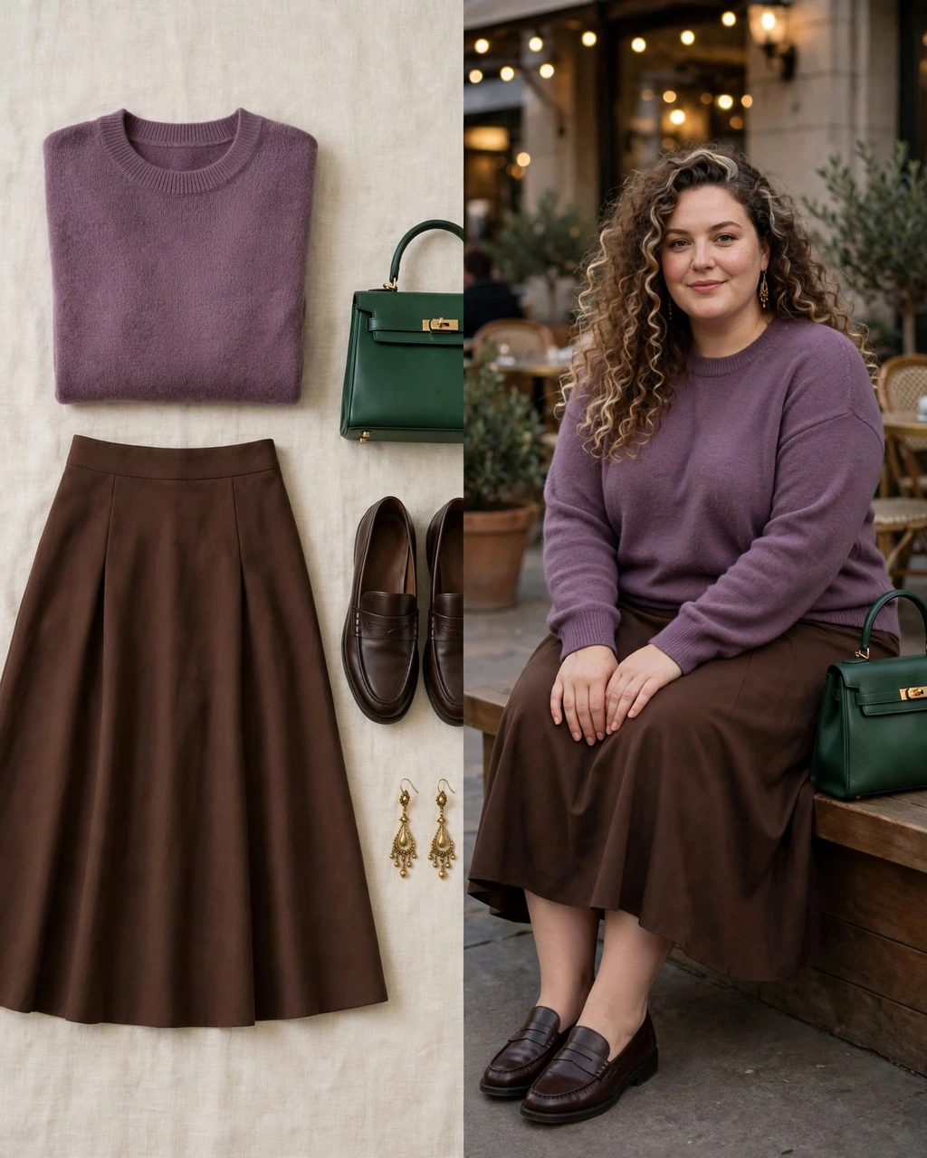 plum sweater with a chocolate a-line midi skirt