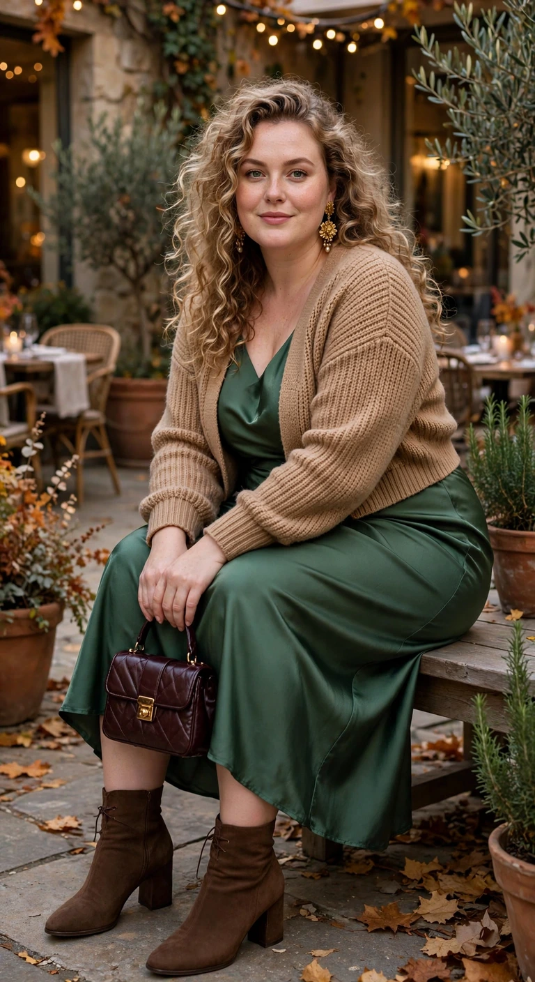 forest satin dress with a camel cropped cardigan