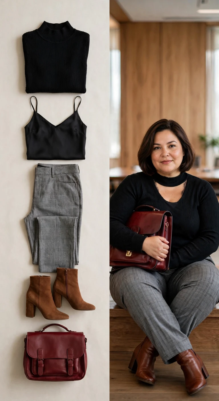 ribbed mock-neck and plaid pants for monday meetings