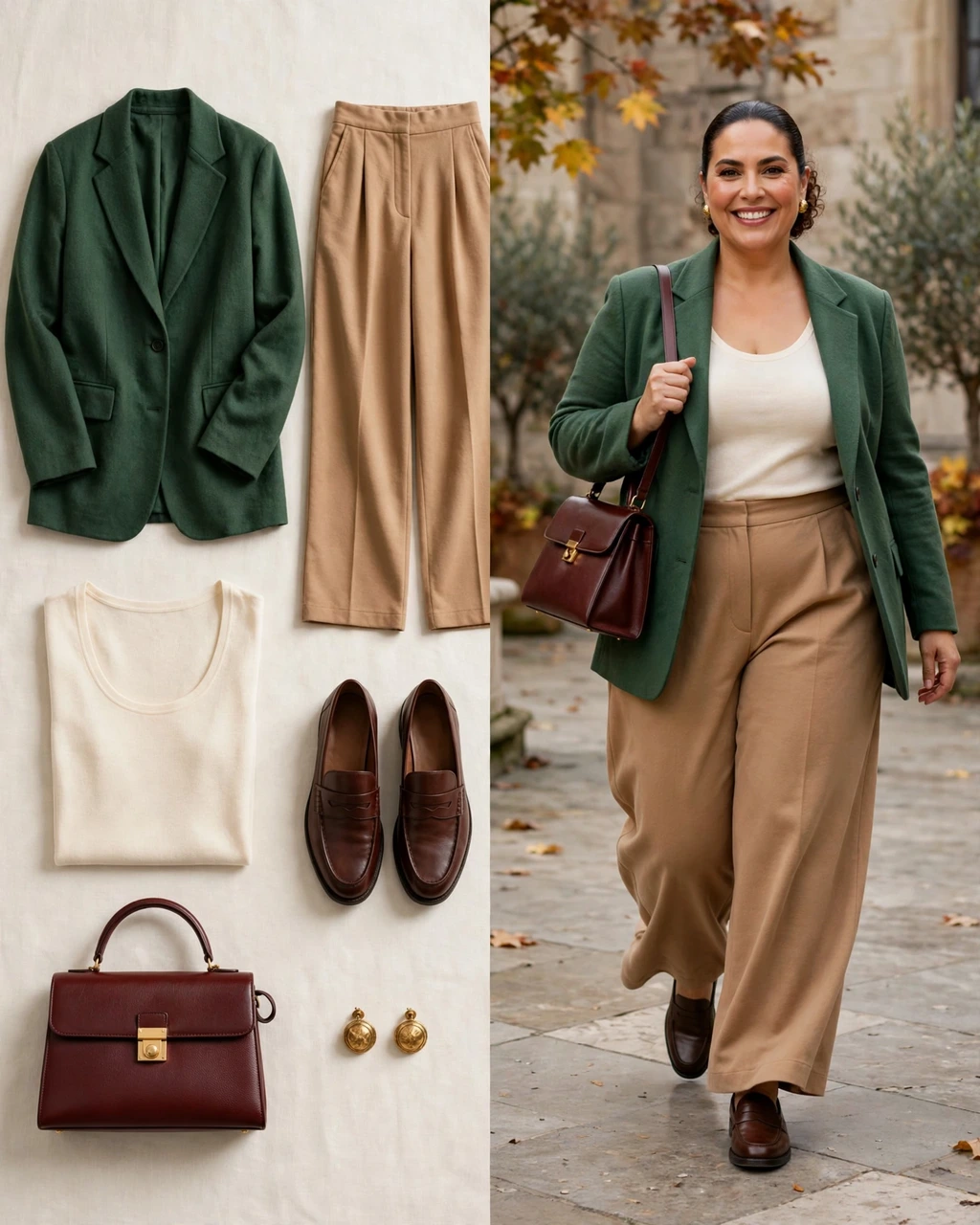 forest blazer with camel wide-leg trousers