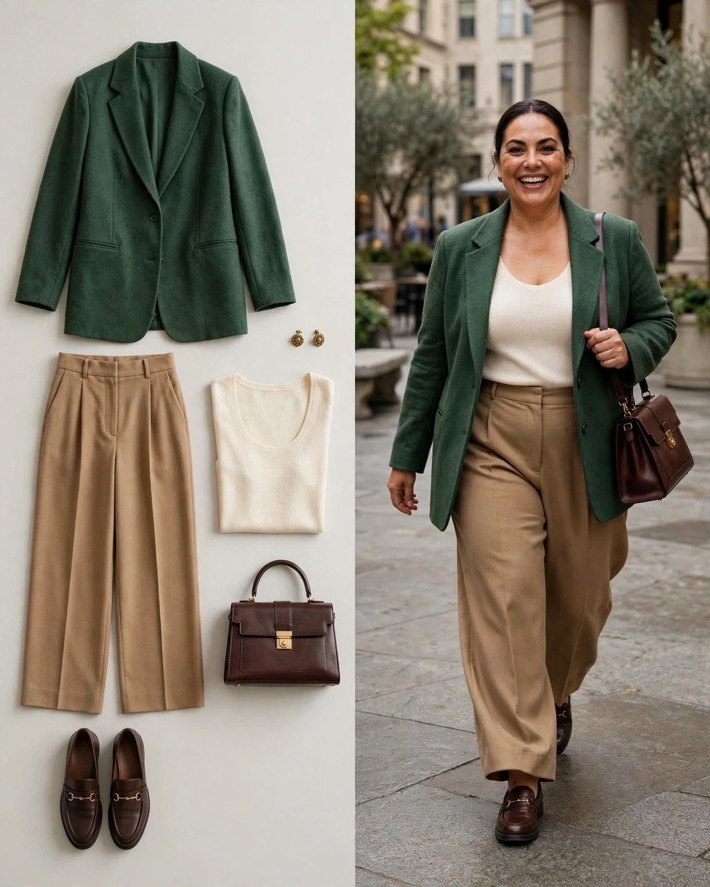 forest blazer with camel wide-leg trousers