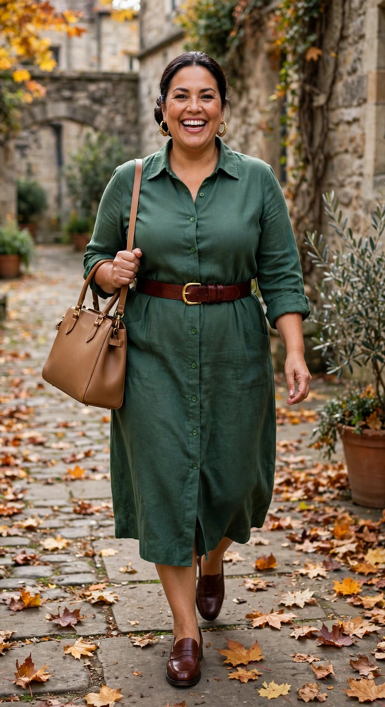forest shirt dress with an oxblood belt and loafers