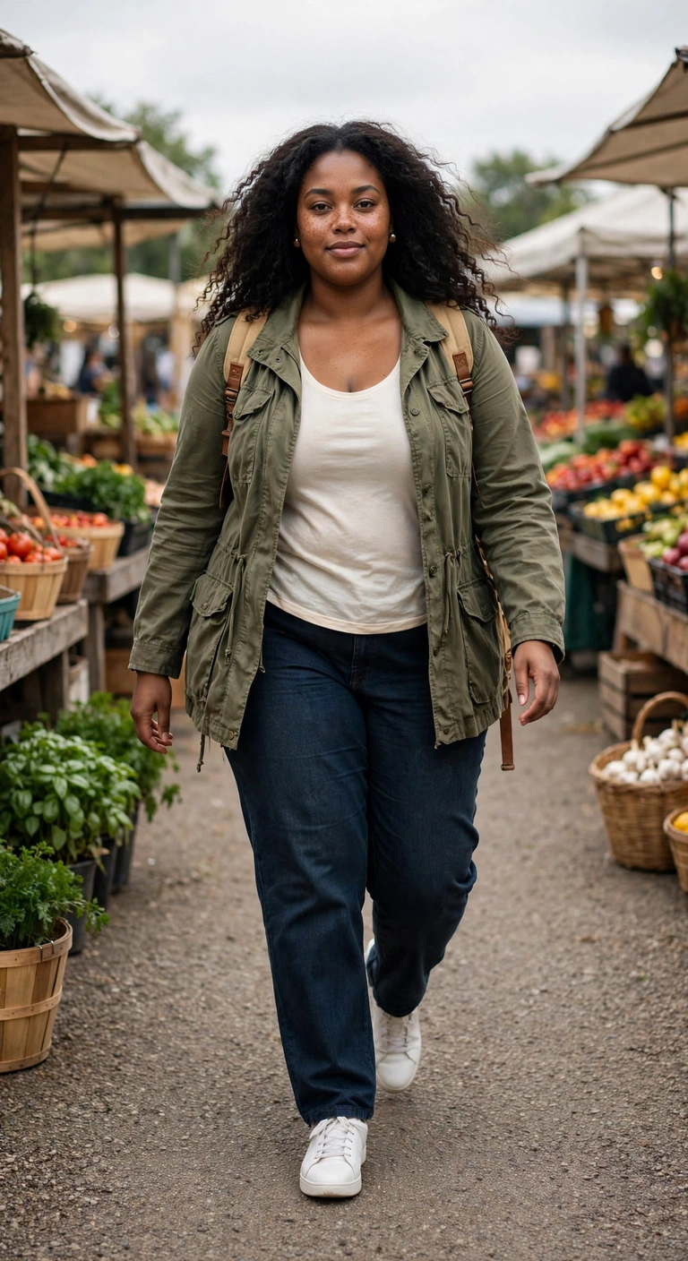 olive utility jacket, ivory tee and indigo jeans