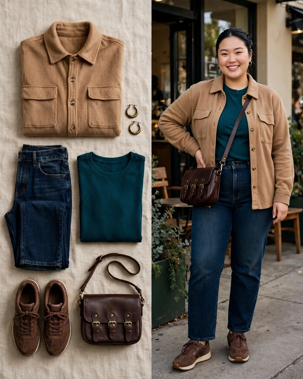 camel shacket with dark indigo jeans