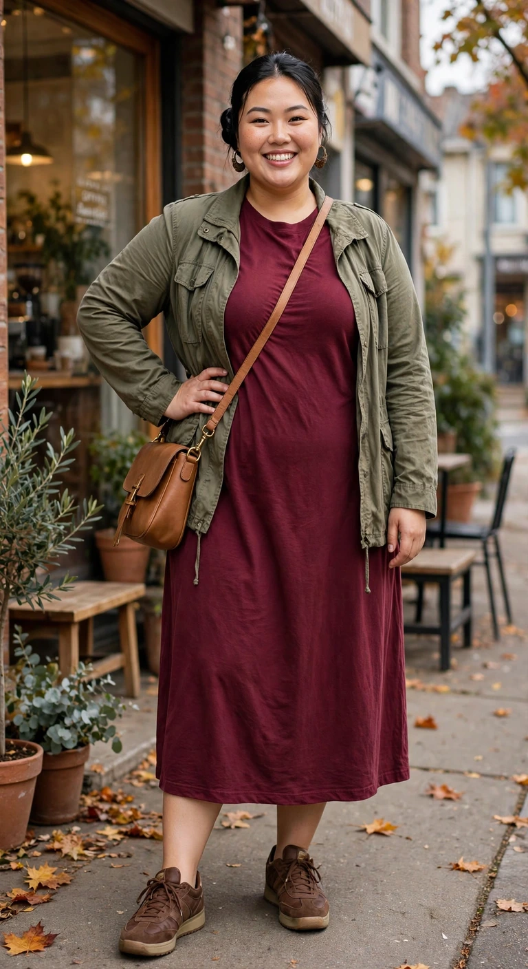 burgundy t-shirt dress with an olive utility jacket