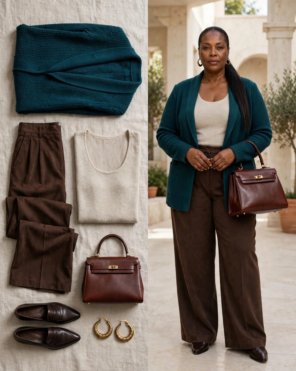 deep teal knit blazer with chocolate trousers