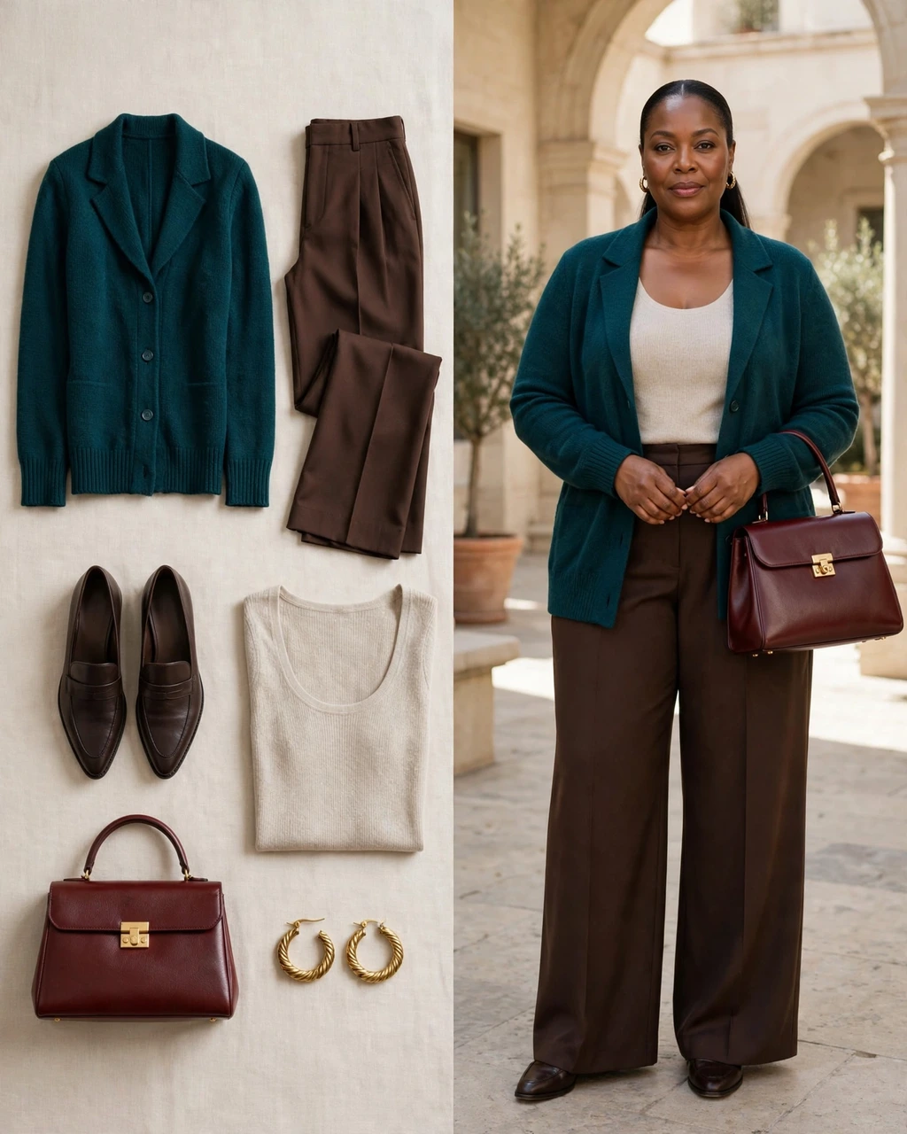 deep teal knit blazer with chocolate trousers