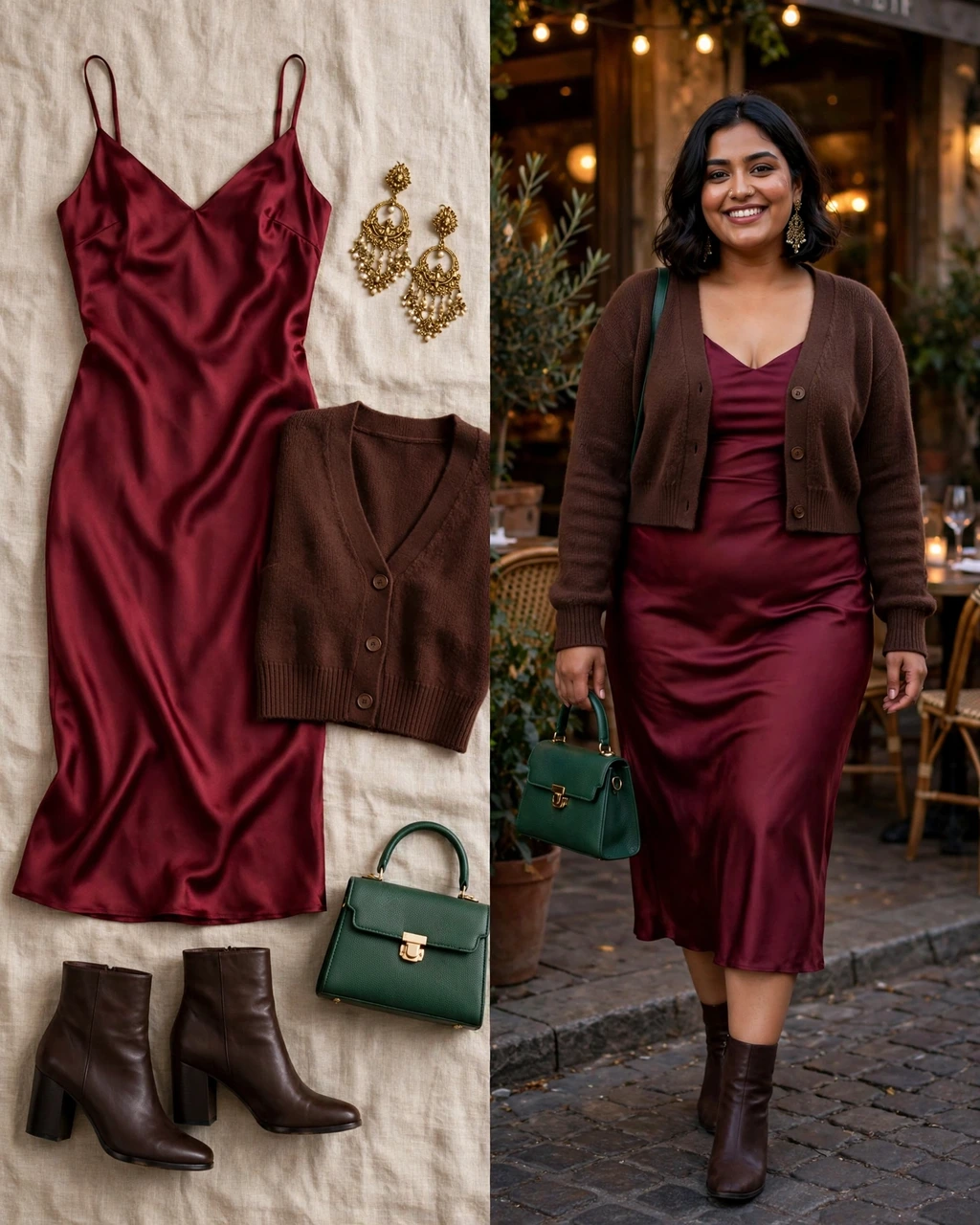 merlot satin dress with a chocolate cardigan