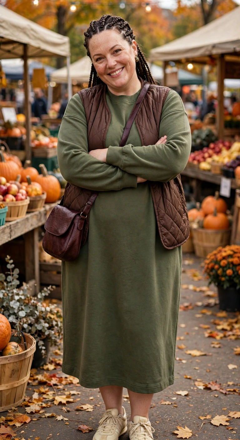 olive sweatshirt dress with a chocolate quilted vest