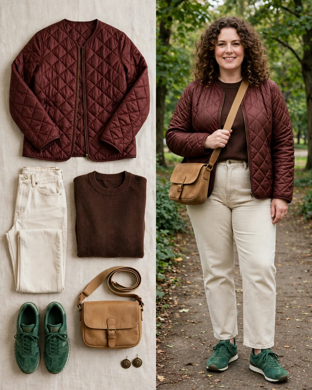oxblood quilted jacket with ecru jeans