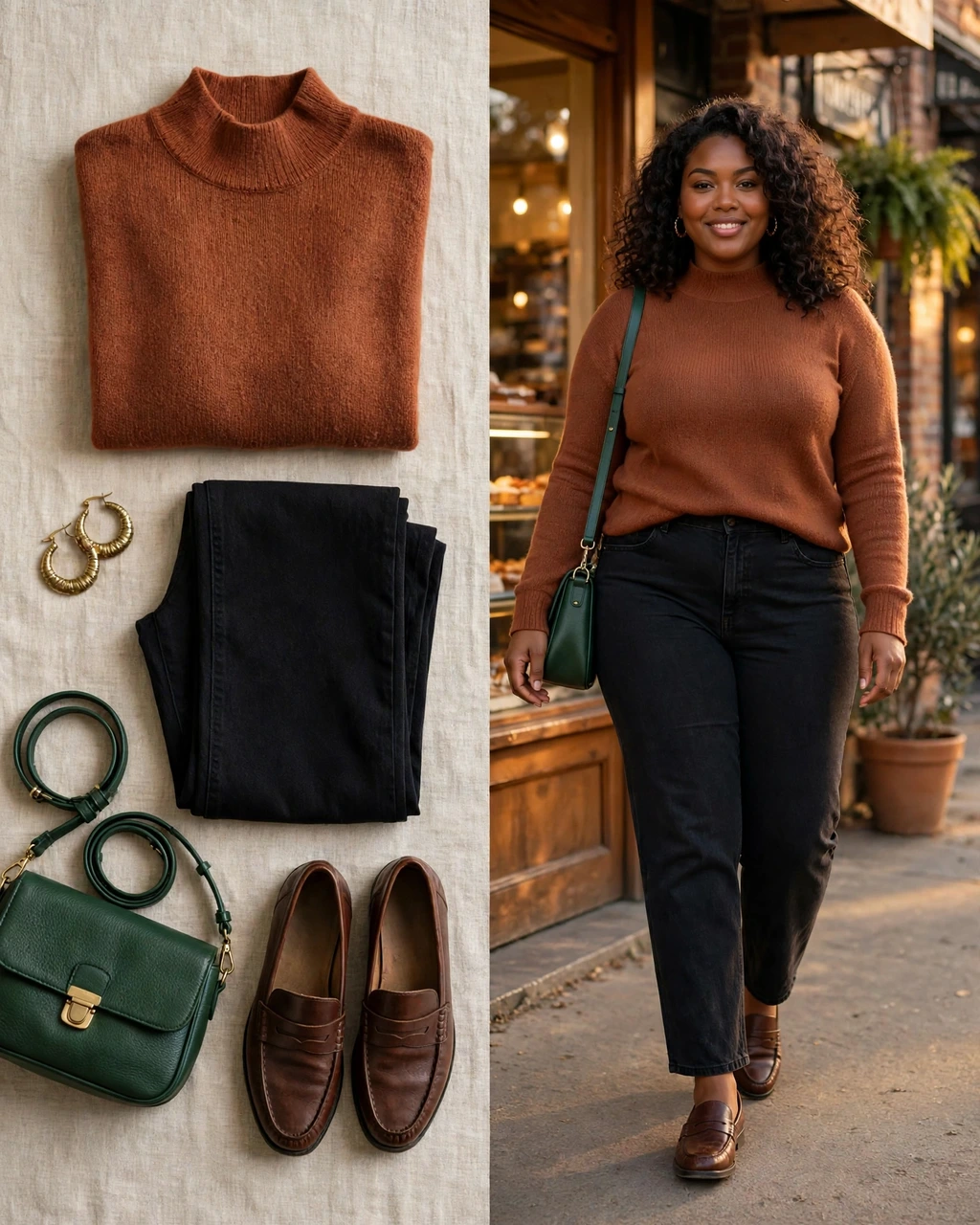 rust mock-neck sweater with black straight jeans