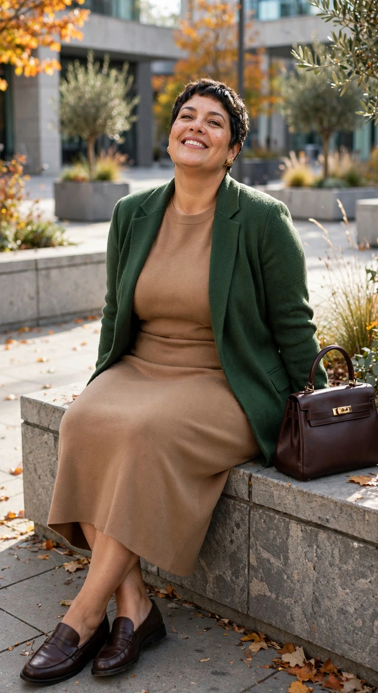 camel ponte dress with a forest knit blazer