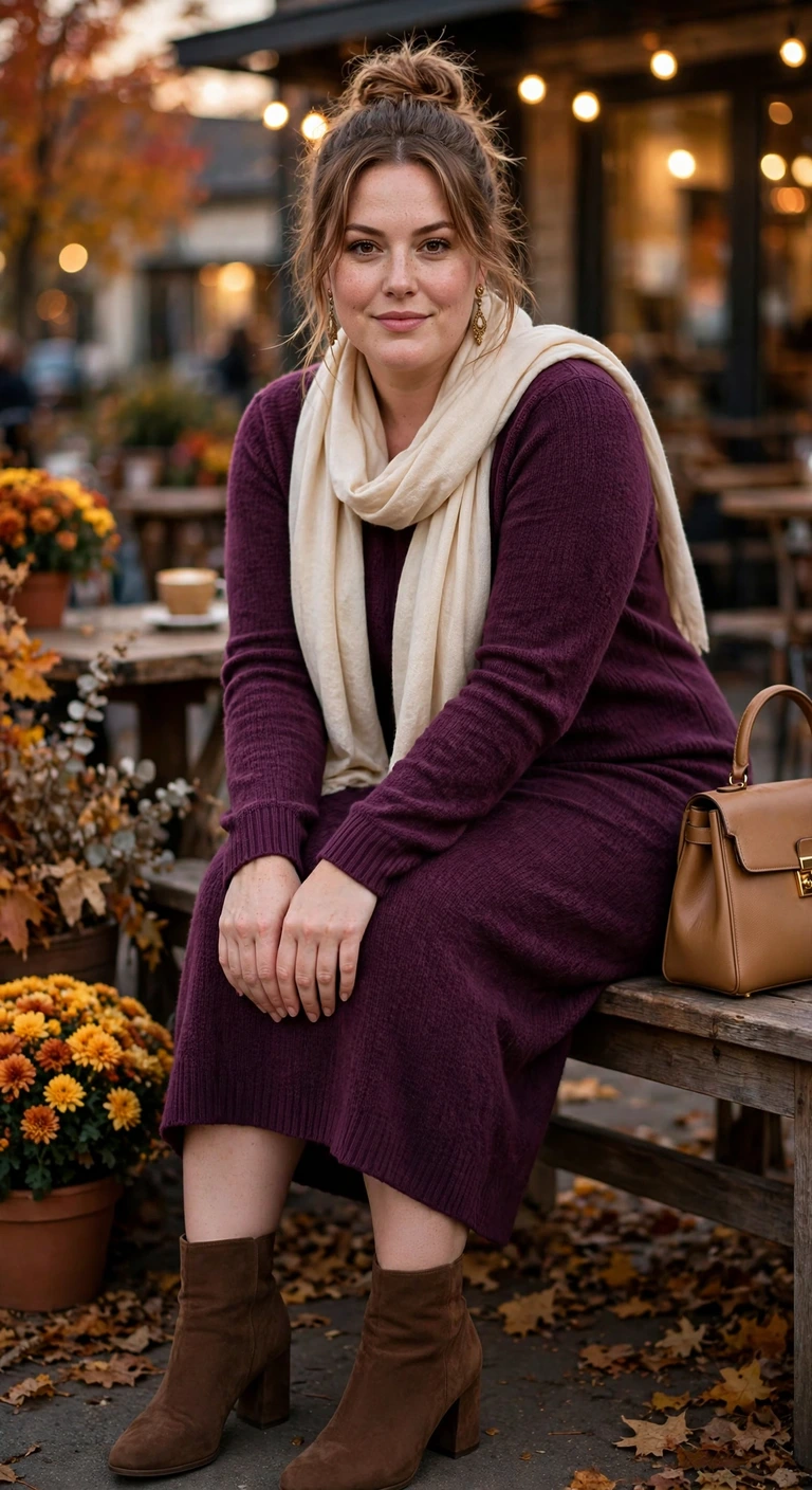 plum sweater dress with chocolate ankle boots