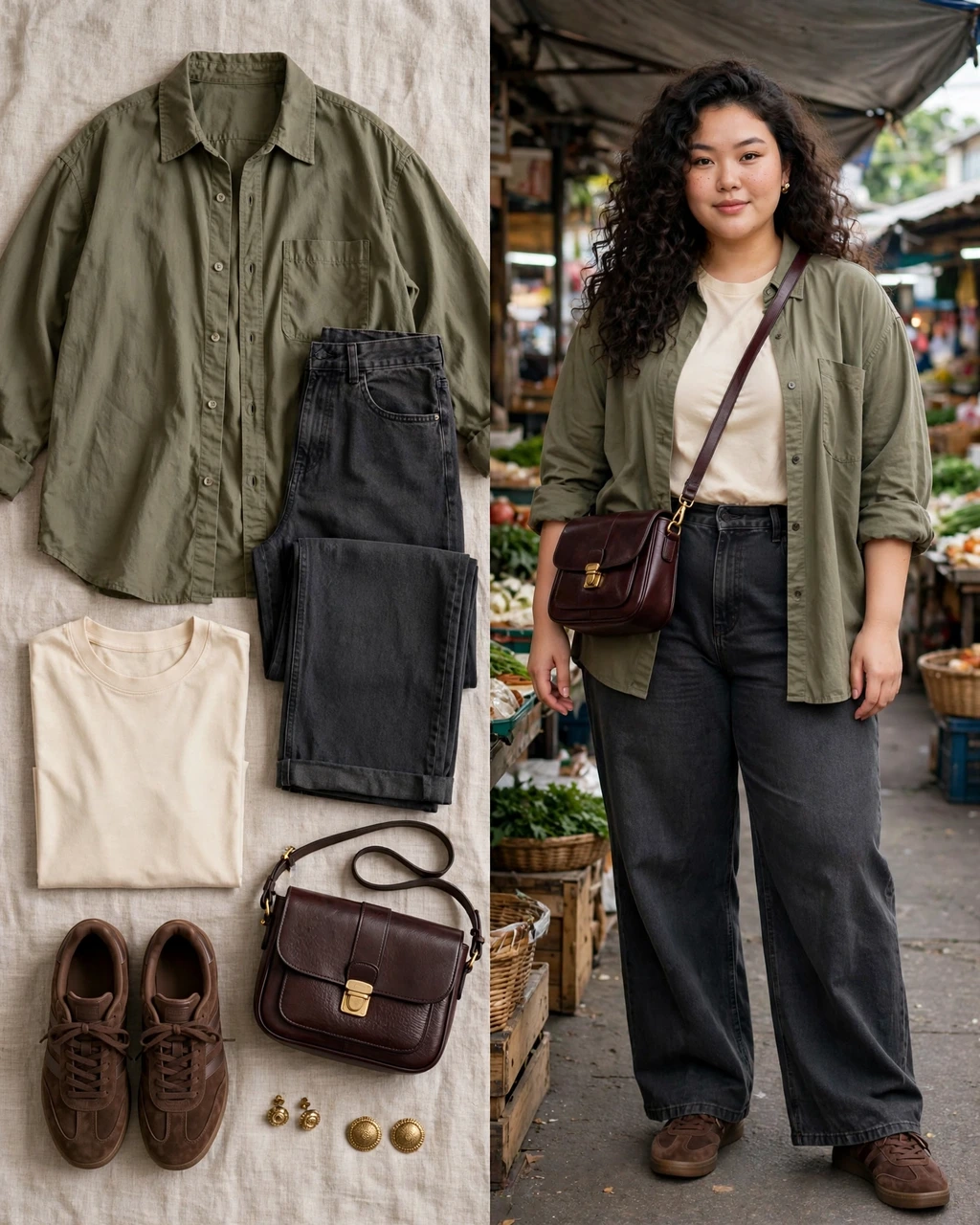 olive overshirt with charcoal wide-leg jeans
