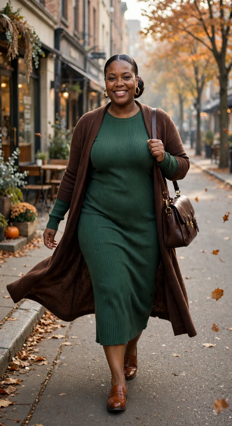 forest ribbed dress with a chocolate long cardigan