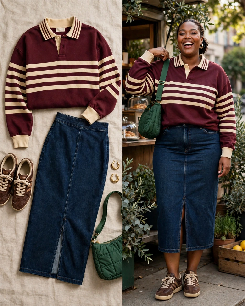 burgundy rugby sweatshirt with a denim midi skirt