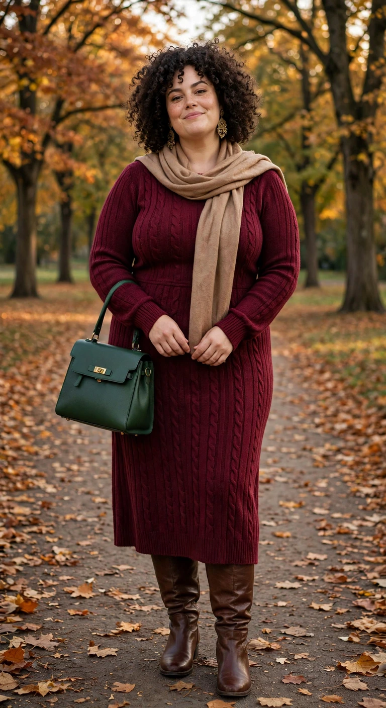 burgundy sweater dress with chocolate knee-high boots