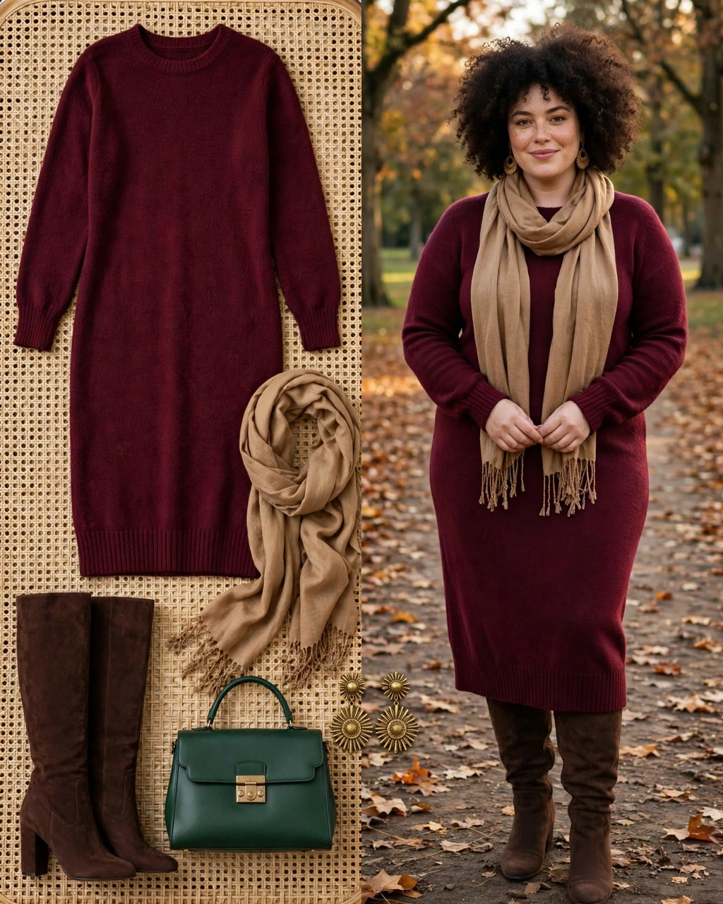burgundy sweater dress with chocolate knee-high boots