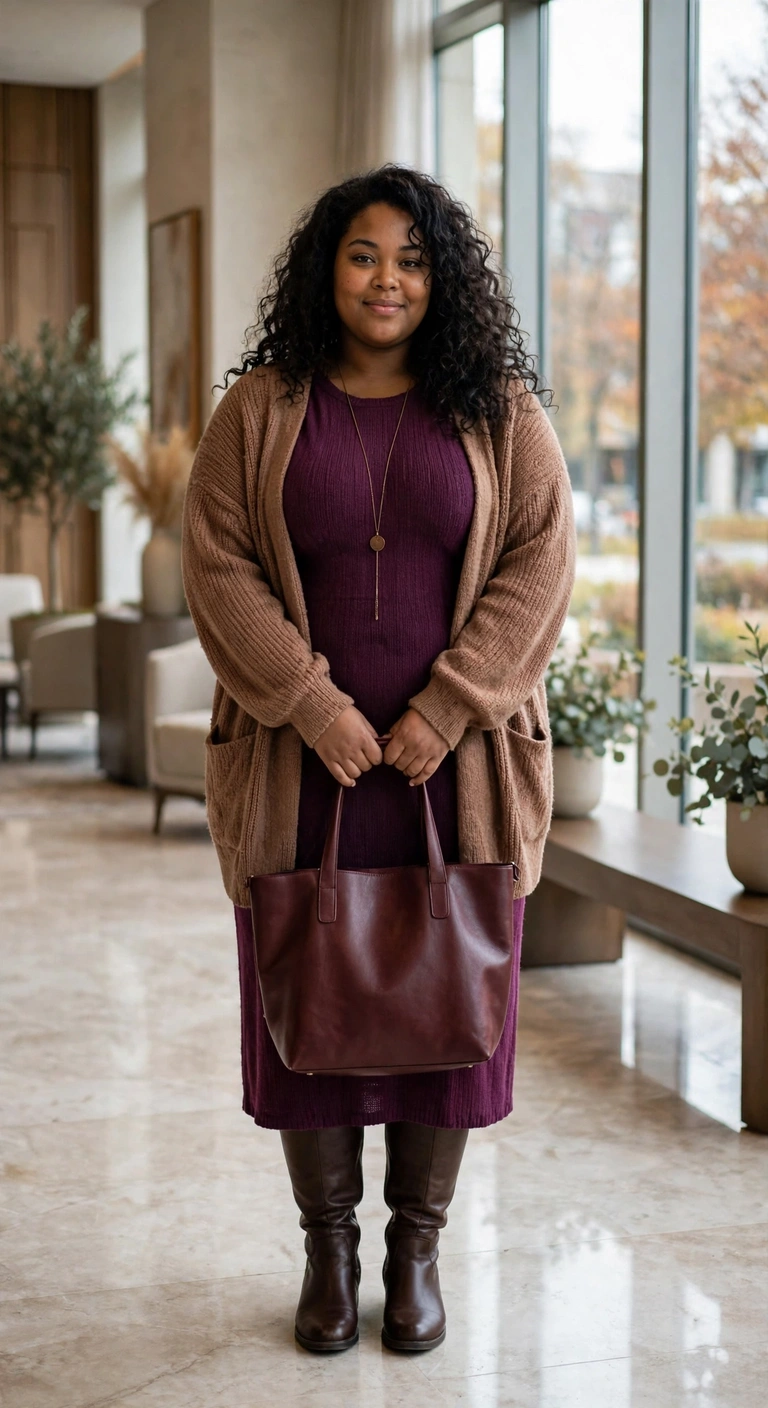 soft cocoa cardigan over a plum knit dress