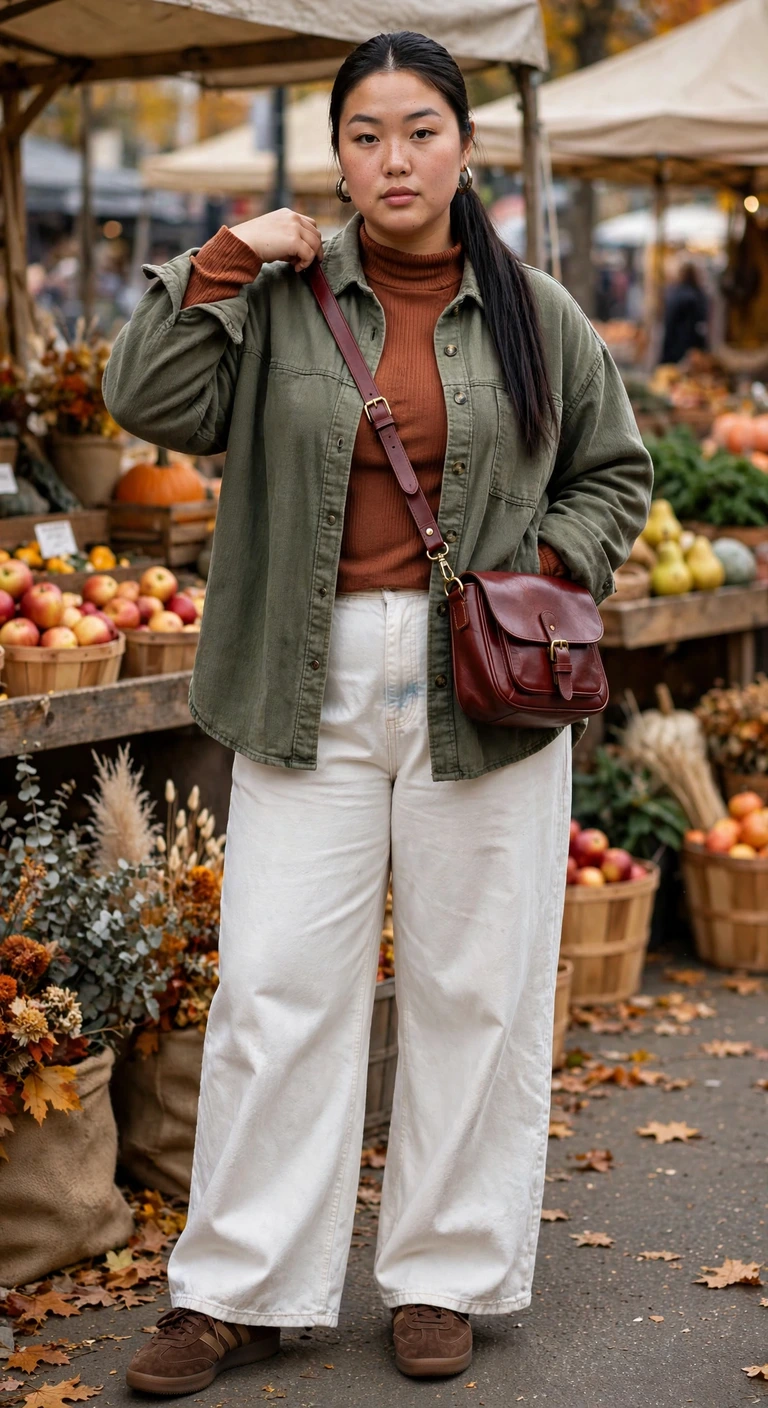 olive shacket with ecru wide-leg jeans