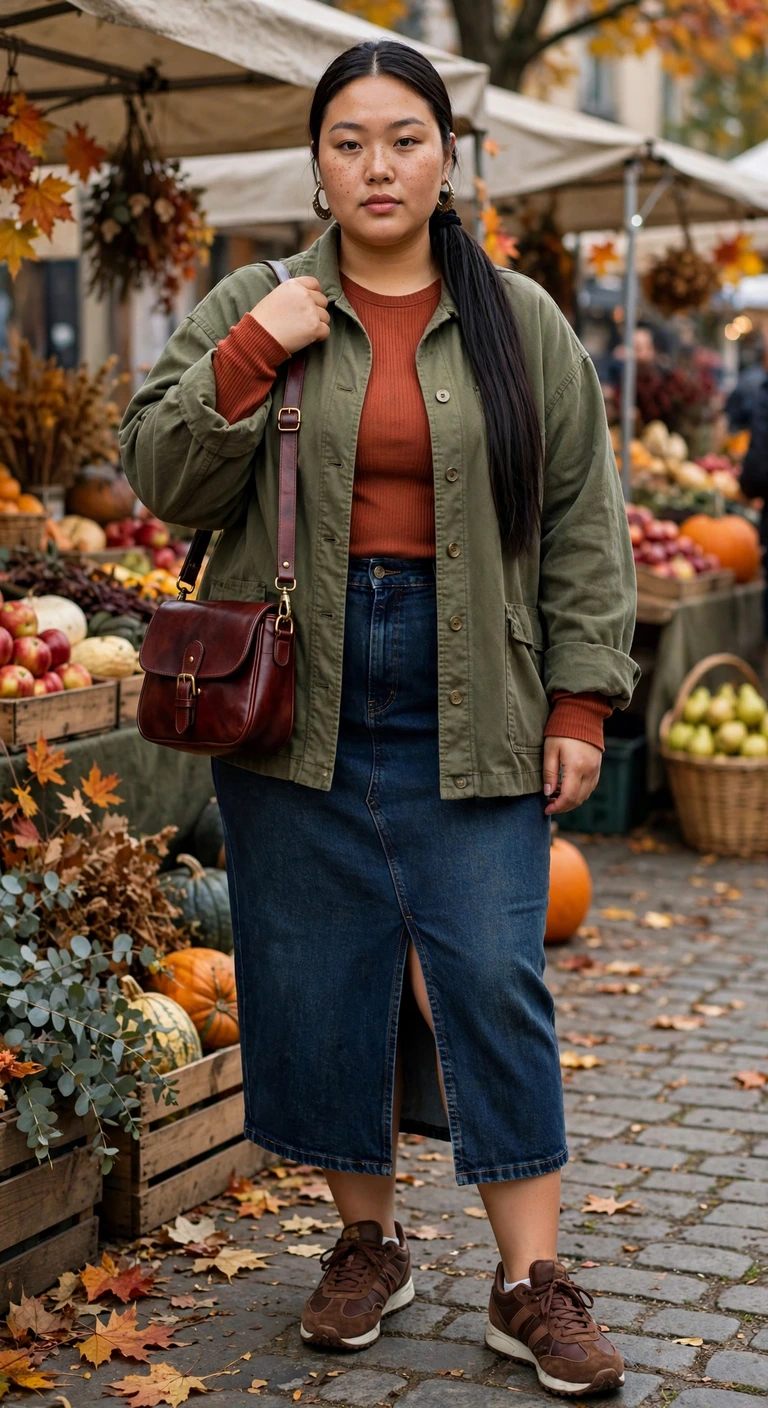 dark indigo denim midi skirt with an olive shacket