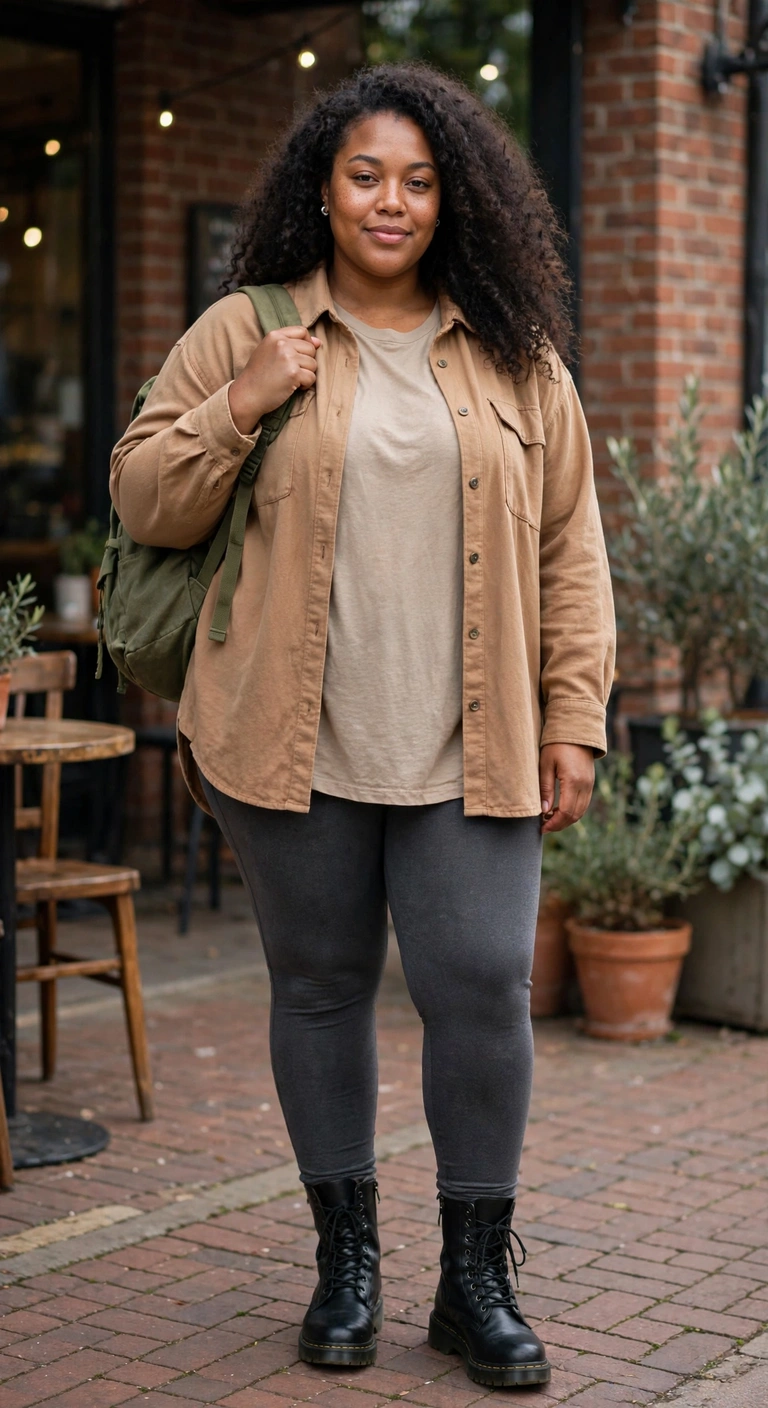 charcoal leggings and camel shacket for weekend plans