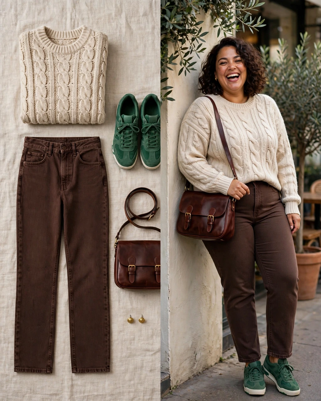 oatmeal cable-knit sweater with chocolate jeans
