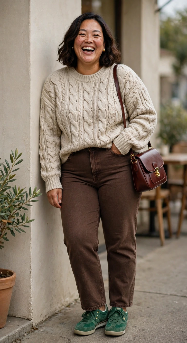 oatmeal cable-knit sweater with chocolate jeans