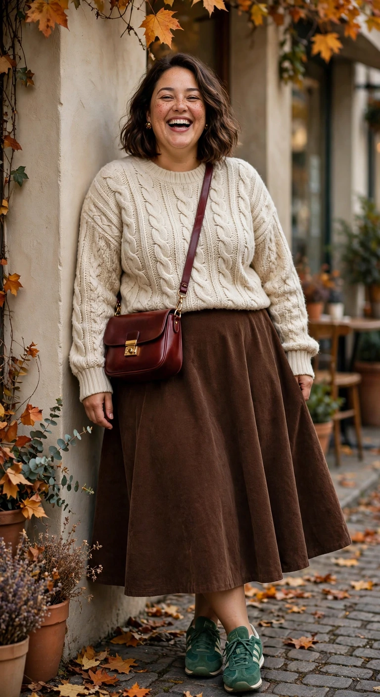 chocolate a-line skirt with an oatmeal cable knit