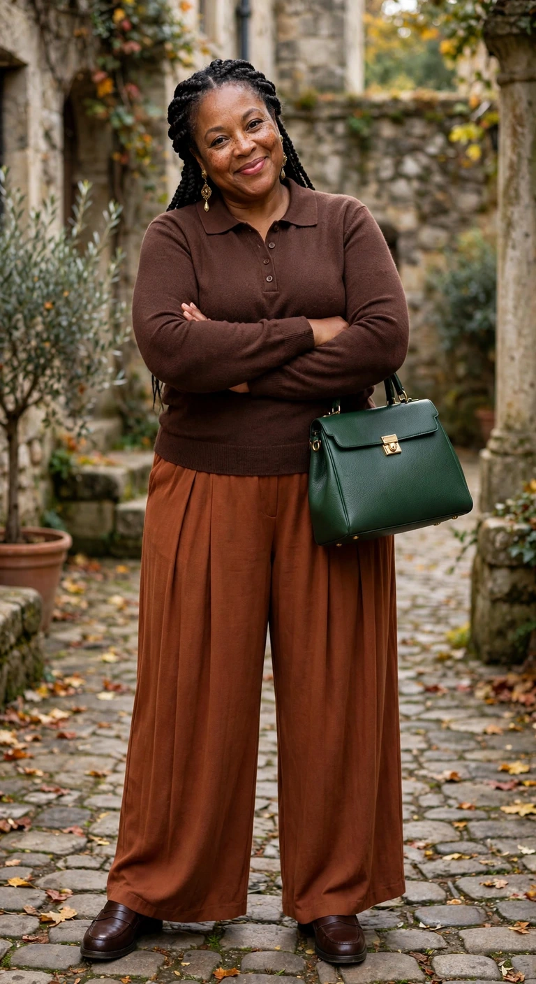 chocolate polo knit with rust pleated trousers