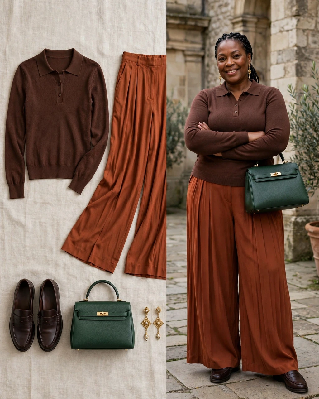 chocolate polo knit with rust pleated trousers
