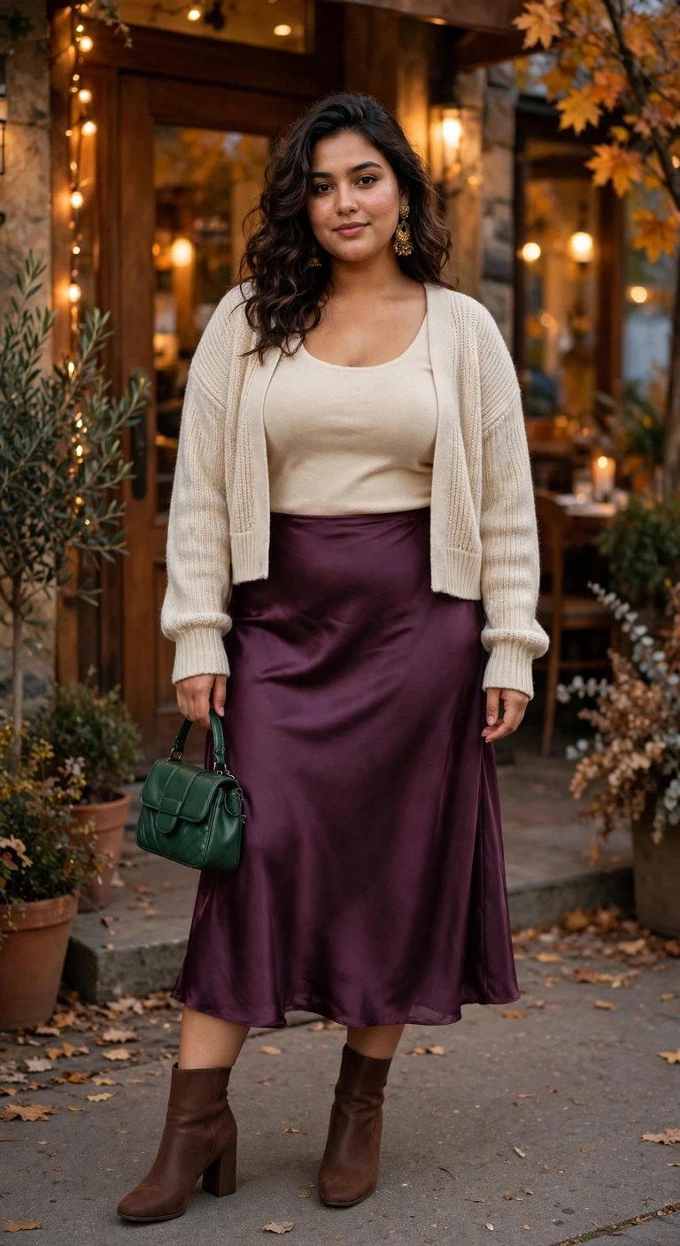 plum satin midi skirt with an oatmeal cardigan