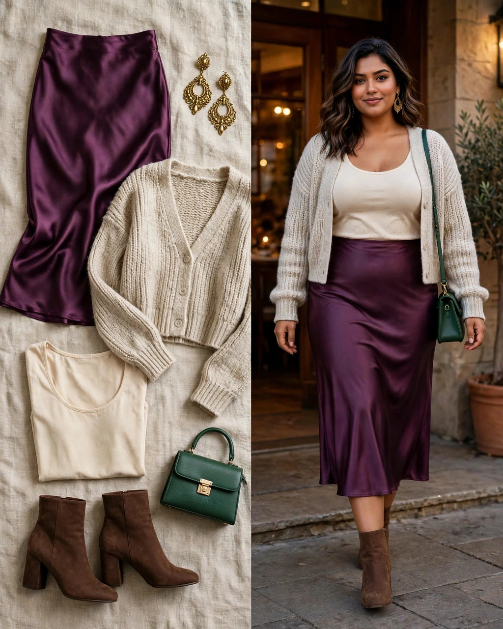 plum satin skirt with an oatmeal cropped cardigan