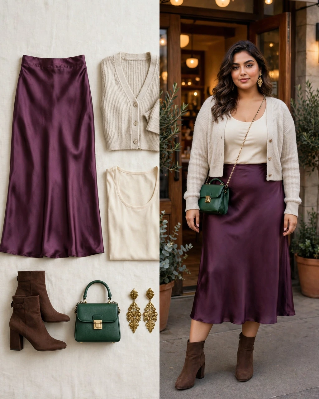 plum satin midi skirt with an oatmeal cardigan