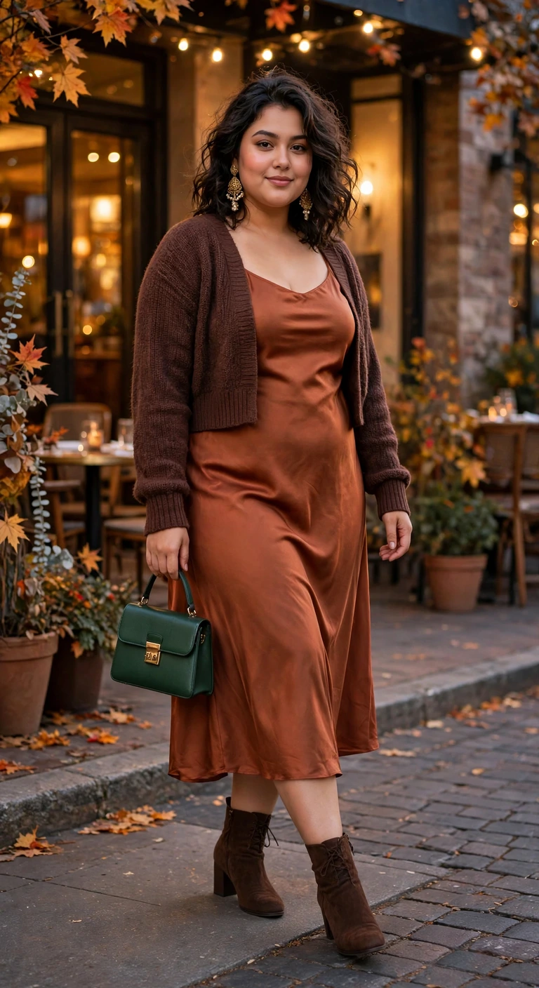 rust satin midi dress with a chocolate cardigan