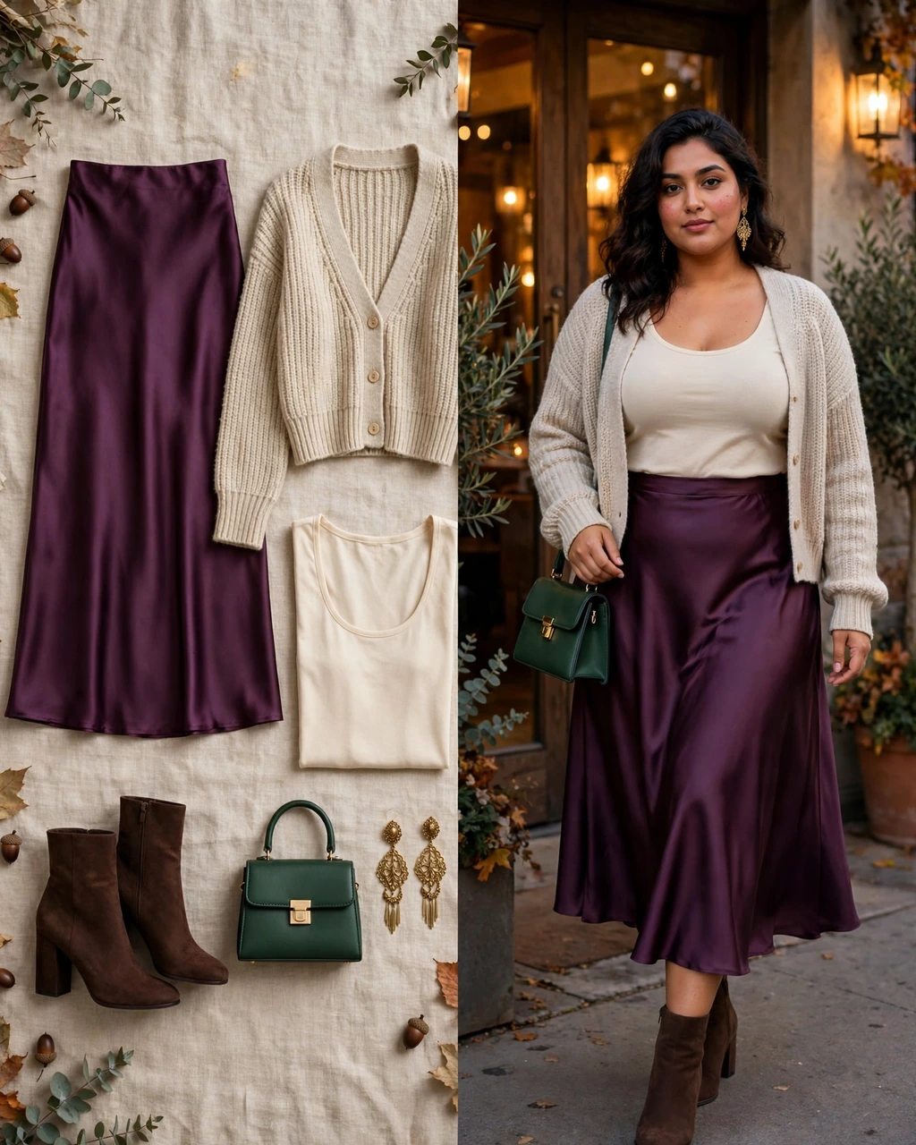 plum satin skirt with an oatmeal cardigan