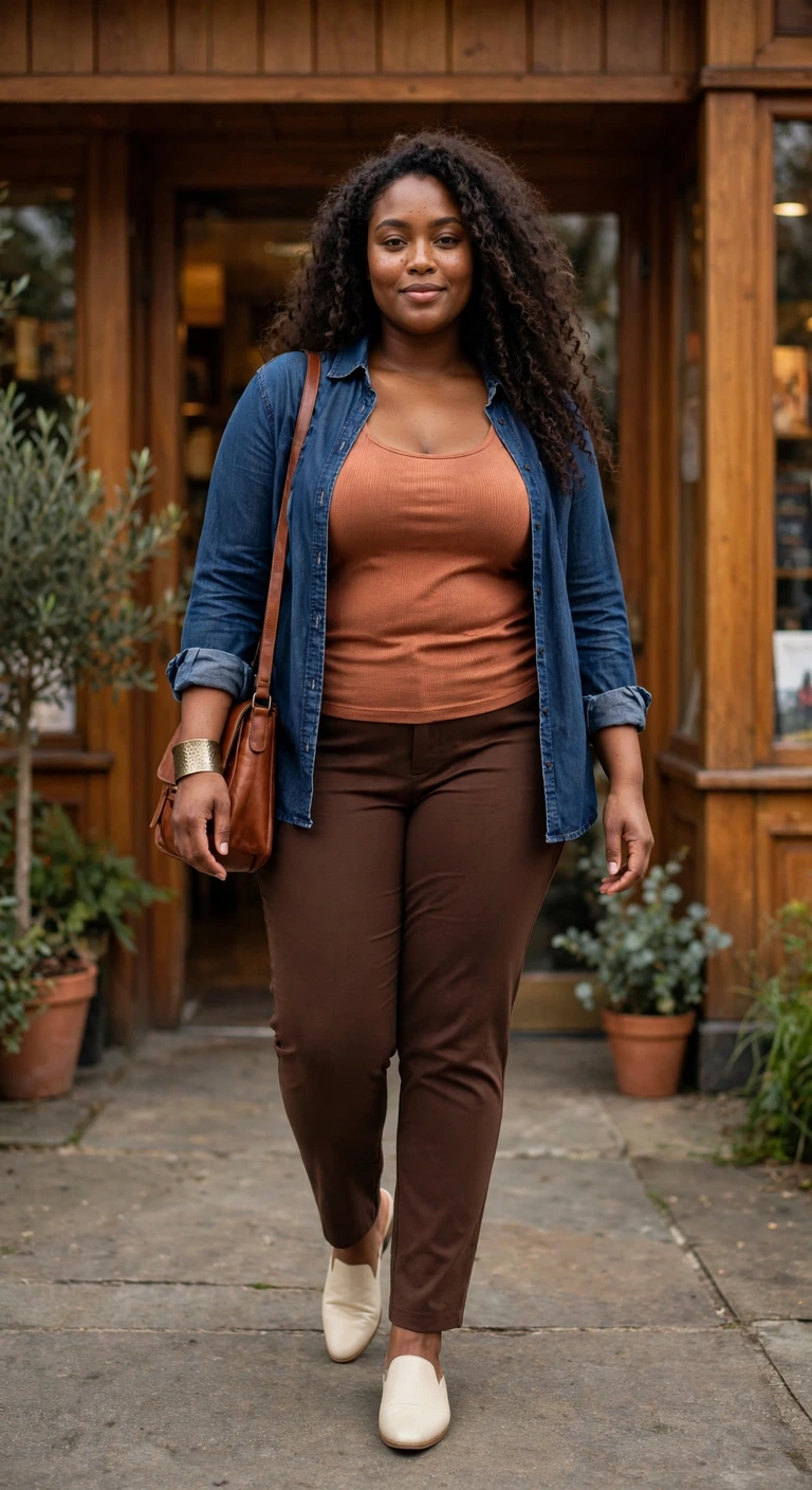 ponte pants with a copper tank and denim shirt