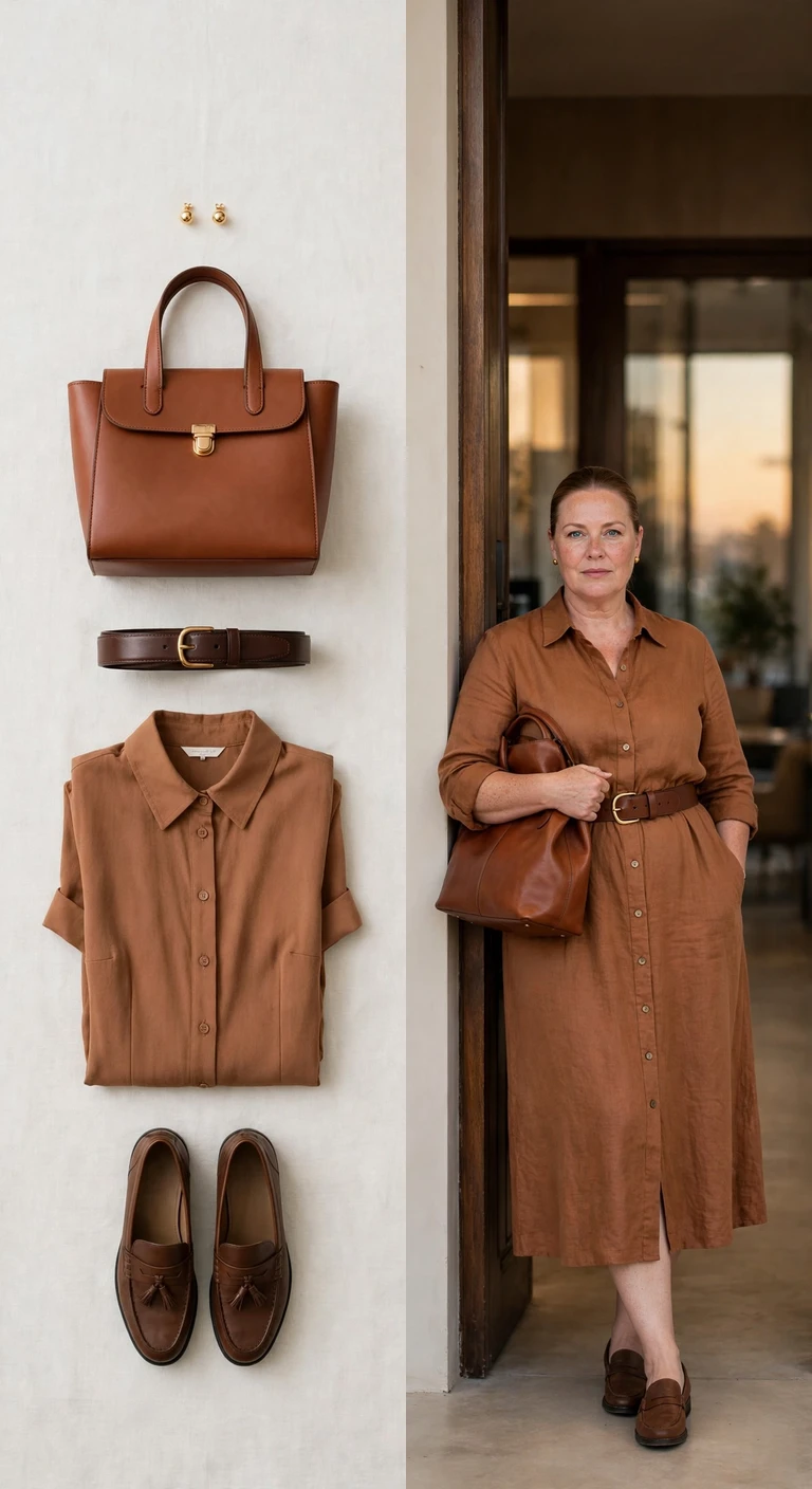 cinnamon shirt dress, loafers and structured tote
