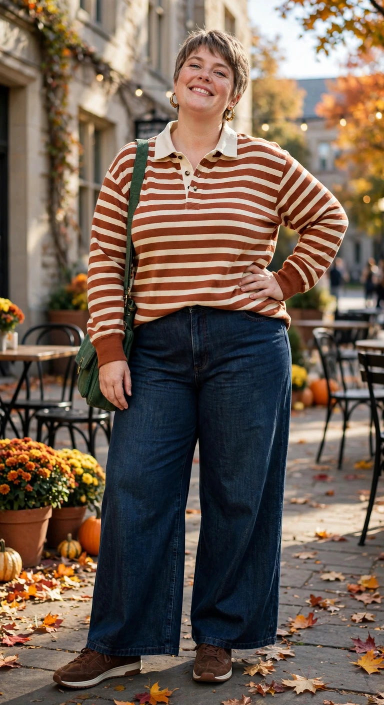 rust rugby top with dark indigo wide-leg jeans