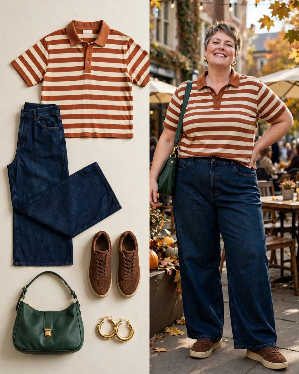 rust rugby top with dark indigo wide-leg jeans