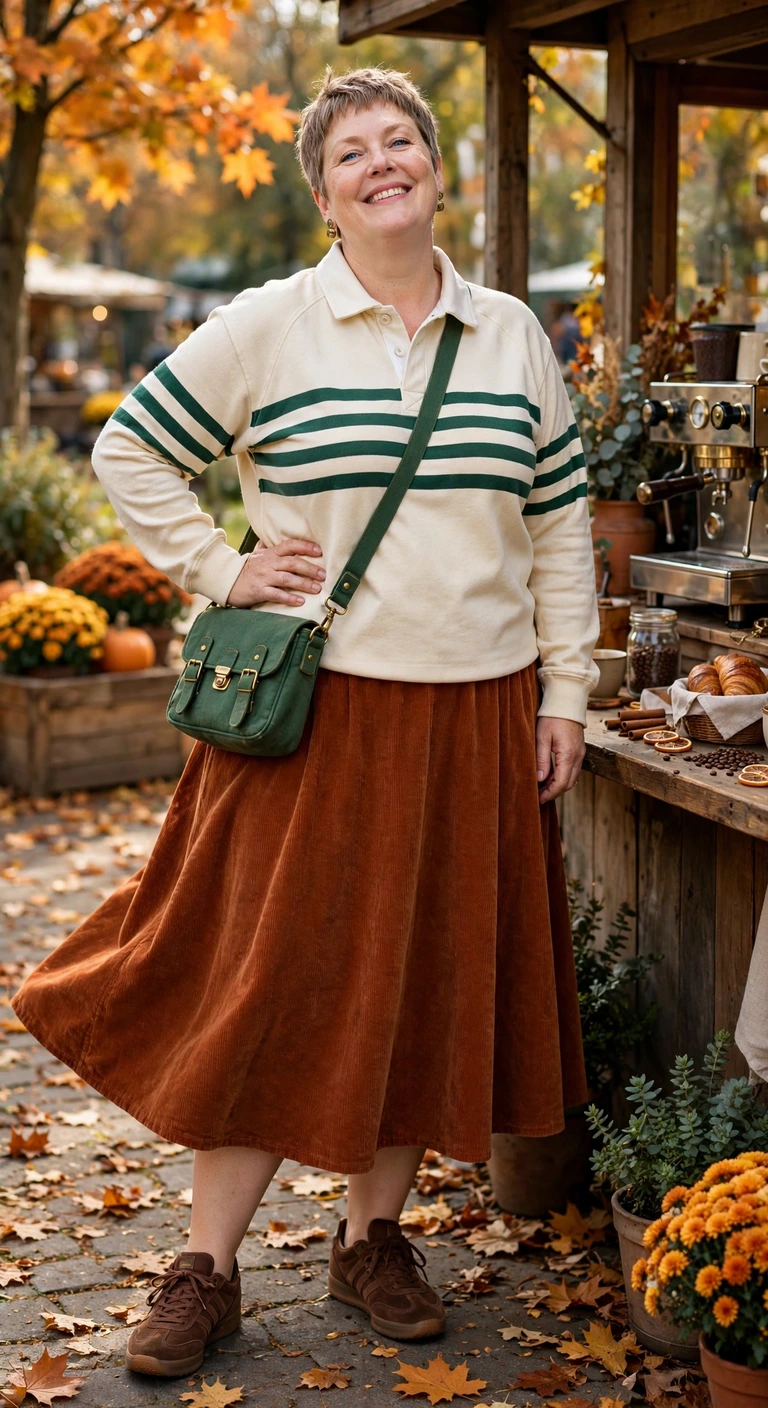 rust corduroy midi skirt with a cream rugby top