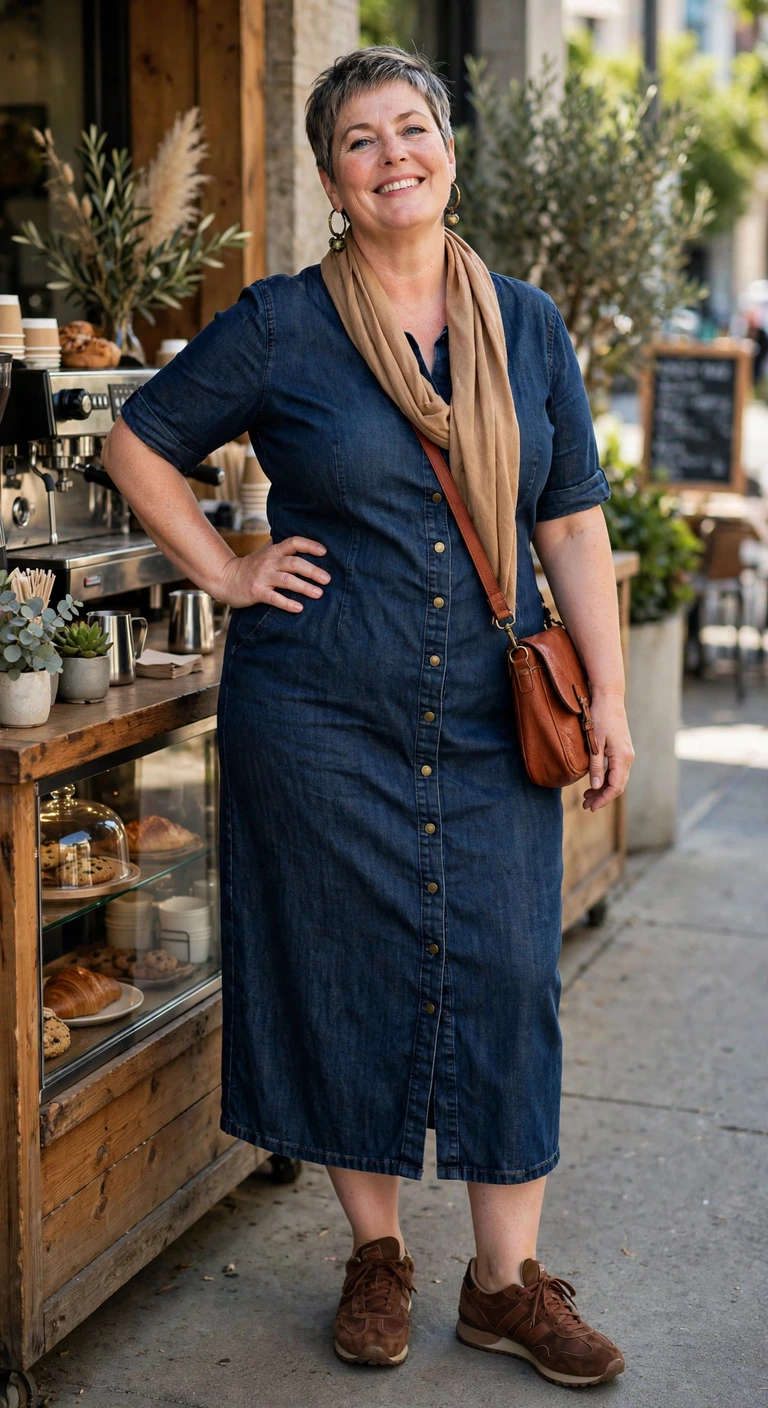 dark denim midi dress with chocolate sneakers