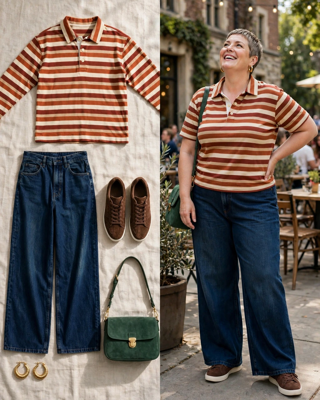 rust rugby top with dark indigo wide-leg jeans