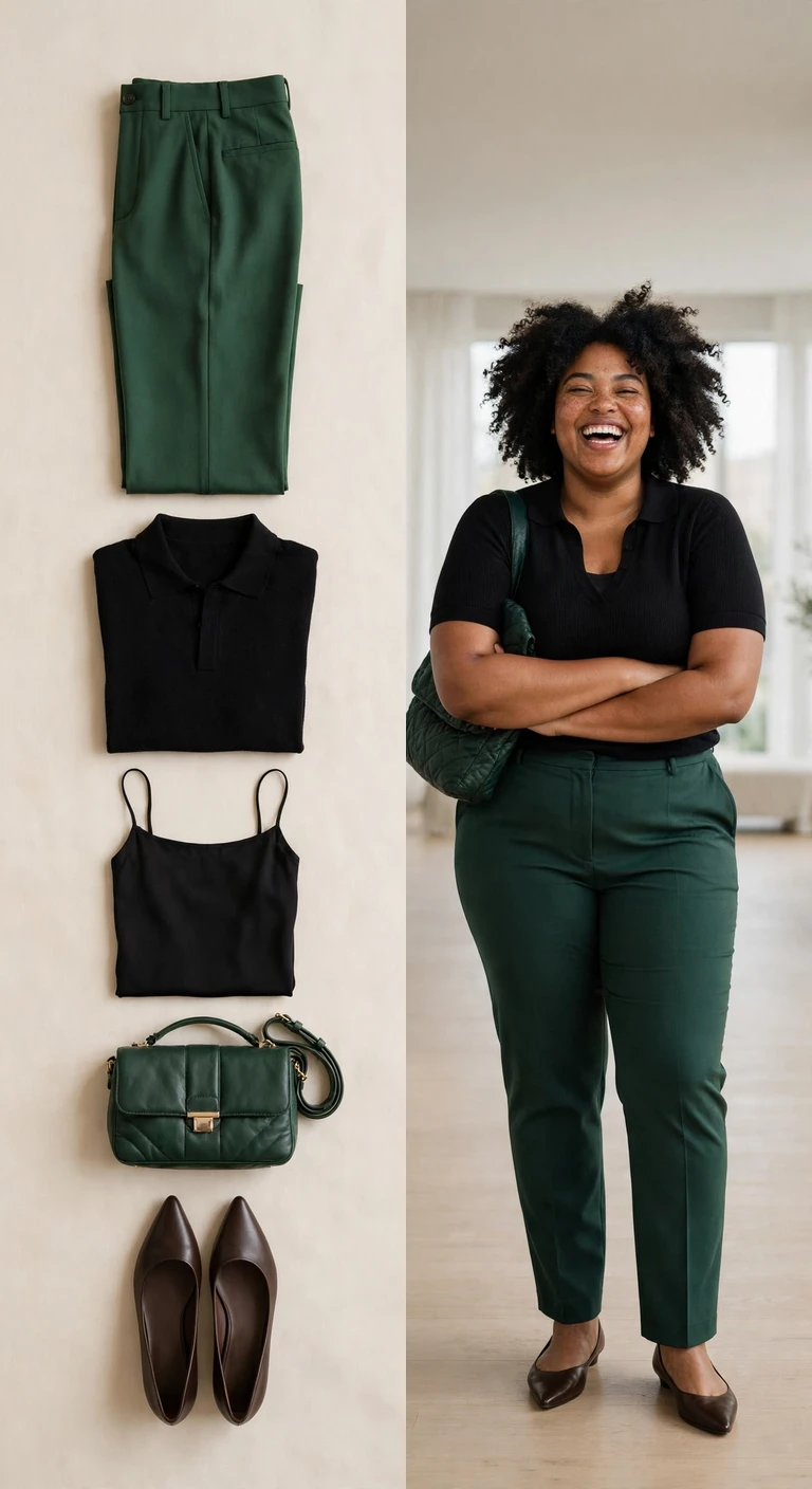 forest trousers with a black fine-knit polo